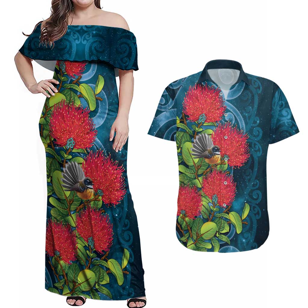 New Zealand Matariki Piwakawaka Couples Matching Off Shoulder Maxi Dress and Hawaiian Shirt Maori Koru With Pohutukawa Flowers