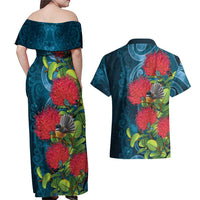 New Zealand Matariki Piwakawaka Couples Matching Off Shoulder Maxi Dress and Hawaiian Shirt Maori Koru With Pohutukawa Flowers LT05 - Polynesian Pride