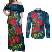 New Zealand Matariki Piwakawaka Couples Matching Off Shoulder Maxi Dress and Long Sleeve Button Shirt Maori Koru With Pohutukawa Flowers LT05 Dark Teal - Polynesian Pride