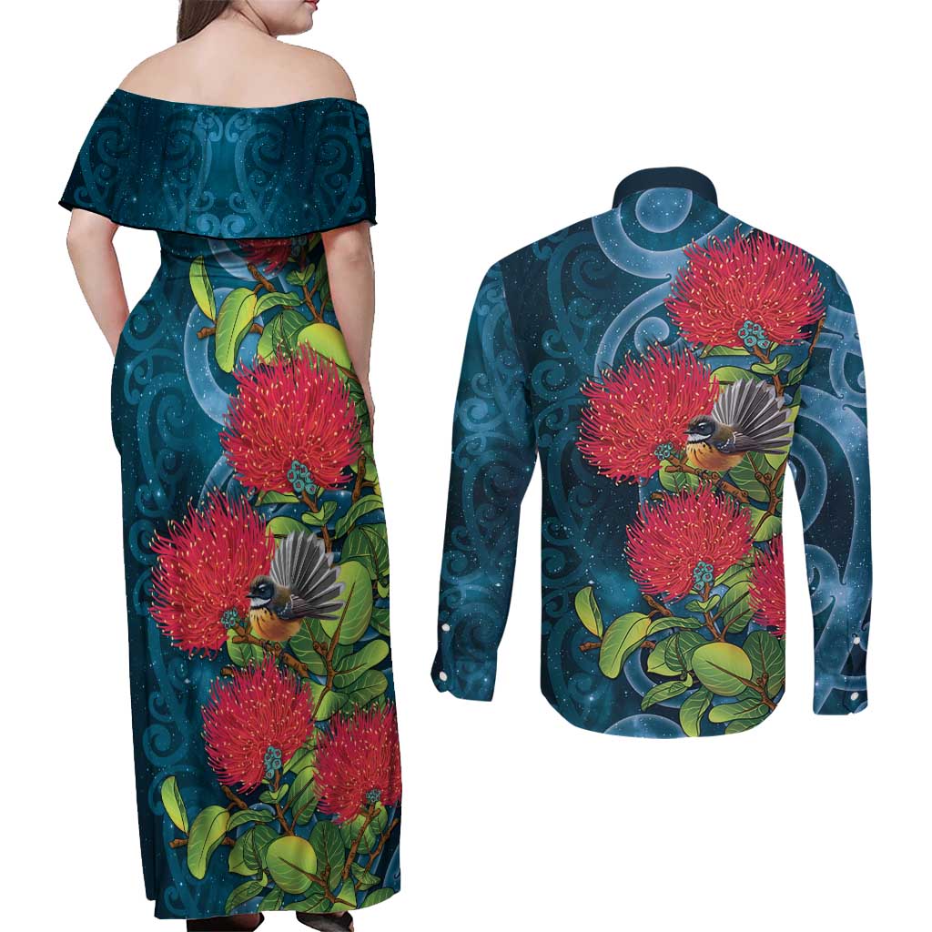 New Zealand Matariki Piwakawaka Couples Matching Off Shoulder Maxi Dress and Long Sleeve Button Shirt Maori Koru With Pohutukawa Flowers LT05 - Polynesian Pride