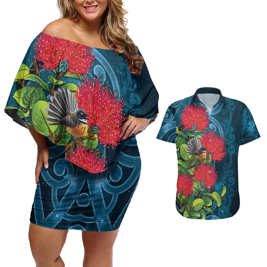 New Zealand Matariki Piwakawaka Couples Matching Off Shoulder Short Dress and Hawaiian Shirt Maori Koru With Pohutukawa Flowers LT05 Dark Teal - Polynesian Pride