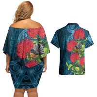 New Zealand Matariki Piwakawaka Couples Matching Off Shoulder Short Dress and Hawaiian Shirt Maori Koru With Pohutukawa Flowers LT05 - Polynesian Pride