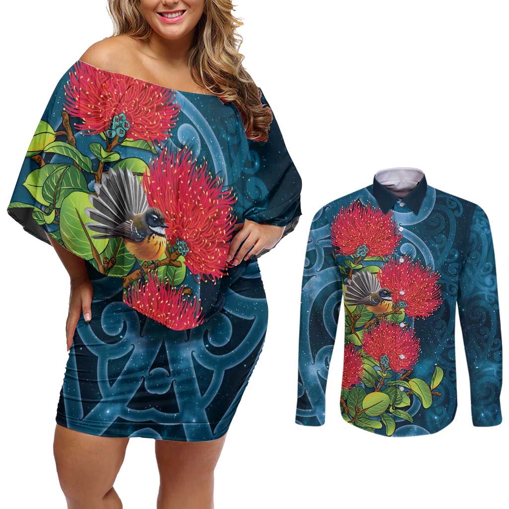 New Zealand Matariki Piwakawaka Couples Matching Off Shoulder Short Dress and Long Sleeve Button Shirt Maori Koru With Pohutukawa Flowers