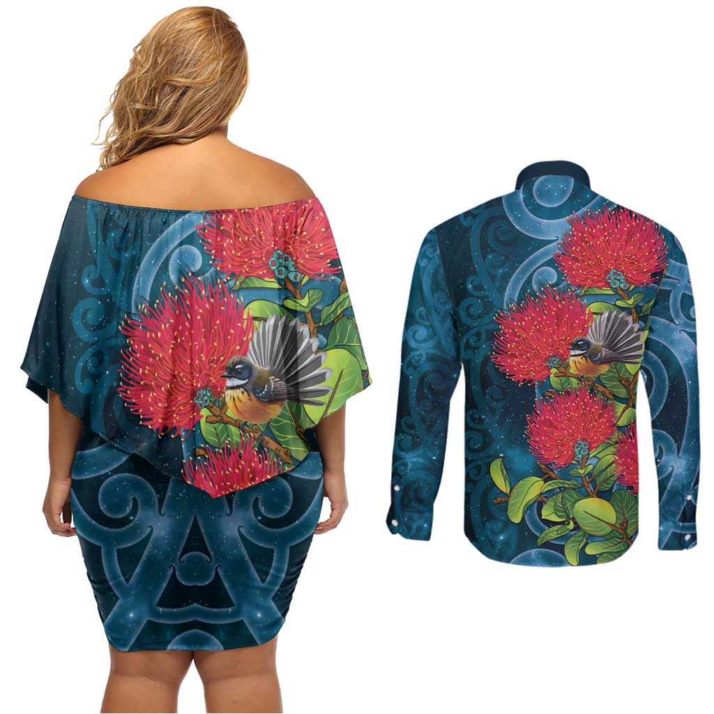 New Zealand Matariki Piwakawaka Couples Matching Off Shoulder Short Dress and Long Sleeve Button Shirt Maori Koru With Pohutukawa Flowers LT05 - Polynesian Pride