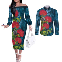 New Zealand Matariki Piwakawaka Couples Matching Off The Shoulder Long Sleeve Dress and Long Sleeve Button Shirt Maori Koru With Pohutukawa Flowers LT05 Dark Teal - Polynesian Pride