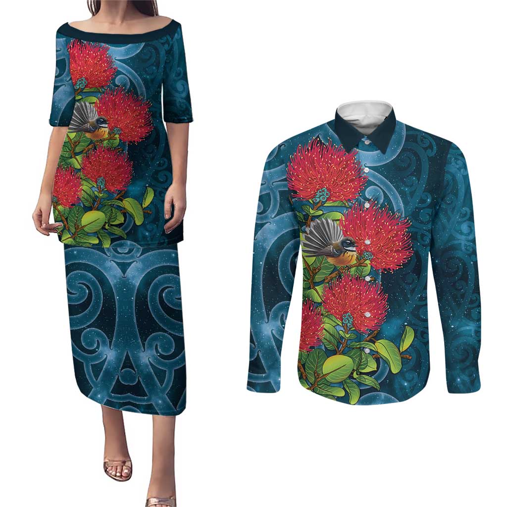 New Zealand Matariki Piwakawaka Couples Matching Puletasi and Long Sleeve Button Shirt Maori Koru With Pohutukawa Flowers