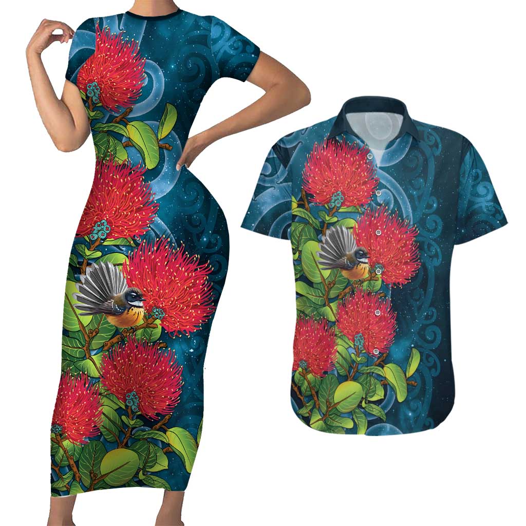 New Zealand Matariki Piwakawaka Couples Matching Short Sleeve Bodycon Dress and Hawaiian Shirt Maori Koru With Pohutukawa Flowers LT05 Dark Teal - Polynesian Pride