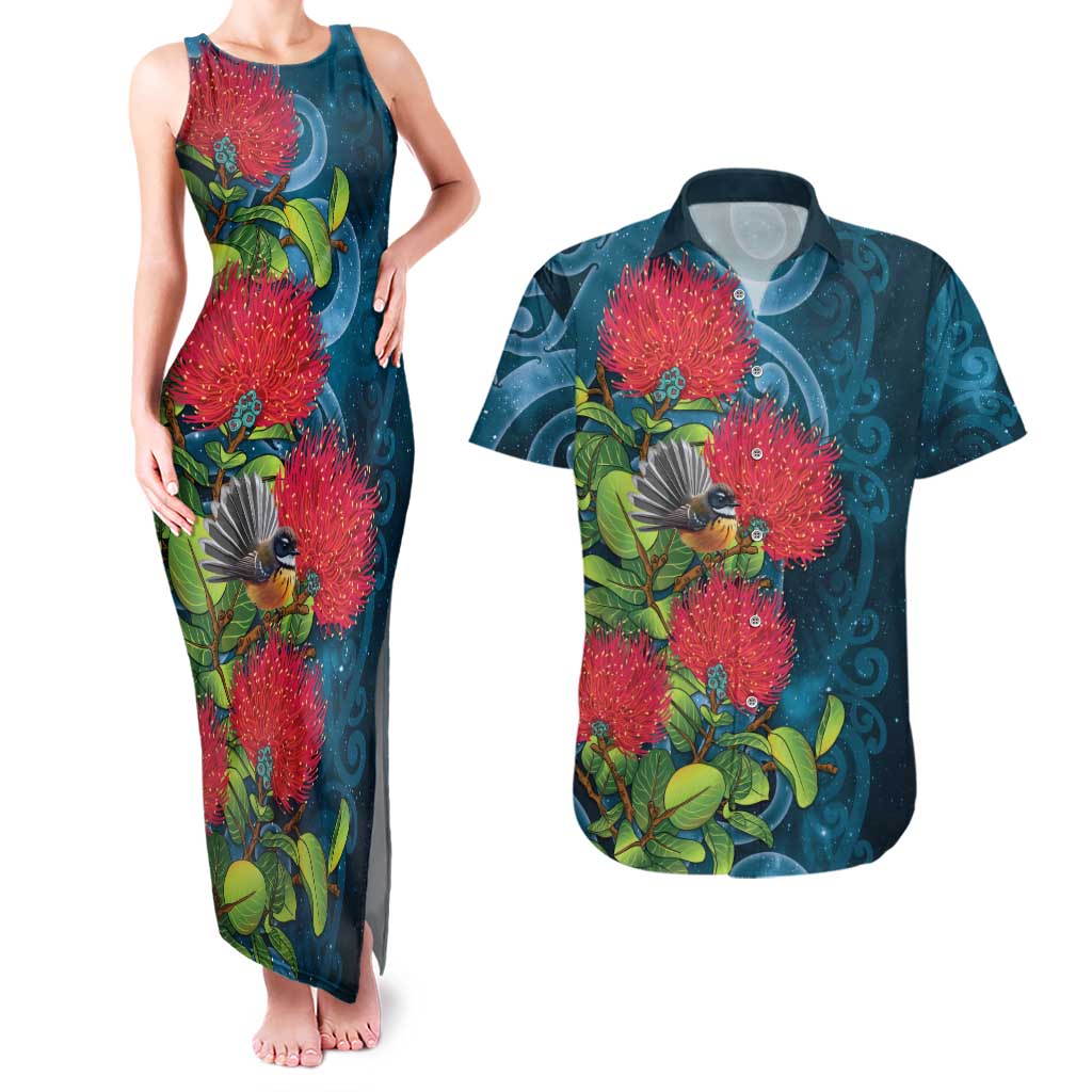 New Zealand Matariki Piwakawaka Couples Matching Tank Maxi Dress and Hawaiian Shirt Maori Koru With Pohutukawa Flowers LT05 Dark Teal - Polynesian Pride