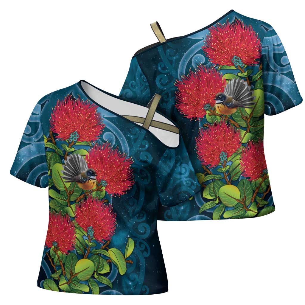 New Zealand Matariki Piwakawaka Cross Shoulder Shirt Maori Koru With Pohutukawa Flowers LT05 - Polynesian Pride