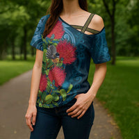 New Zealand Matariki Piwakawaka Cross Shoulder Shirt Maori Koru With Pohutukawa Flowers LT05 - Polynesian Pride