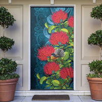New Zealand Matariki Piwakawaka Door Cover Maori Koru With Pohutukawa Flowers LT05 Dark Teal - Polynesian Pride