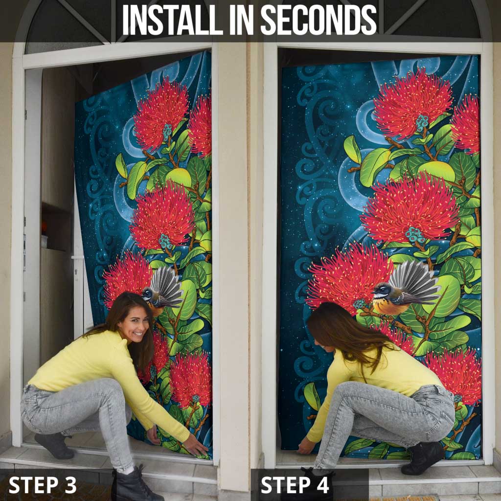 New Zealand Matariki Piwakawaka Door Cover Maori Koru With Pohutukawa Flowers LT05 - Polynesian Pride