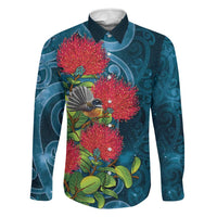 New Zealand Matariki Piwakawaka Family Matching Long Sleeve Bodycon Dress and Hawaiian Shirt Maori Koru With Pohutukawa Flowers LT05 Dad's Shirt - Long Sleeve Dark Teal - Polynesian Pride