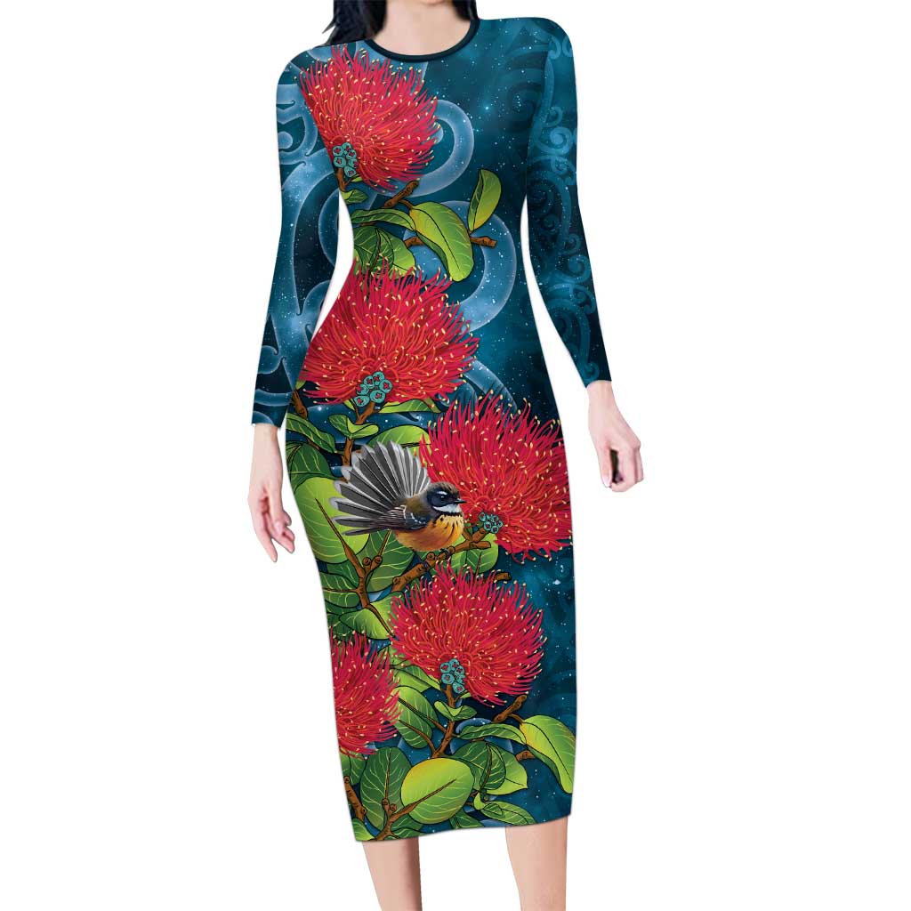 New Zealand Matariki Piwakawaka Family Matching Long Sleeve Bodycon Dress and Hawaiian Shirt Maori Koru With Pohutukawa Flowers LT05 Mom's Dress Dark Teal - Polynesian Pride