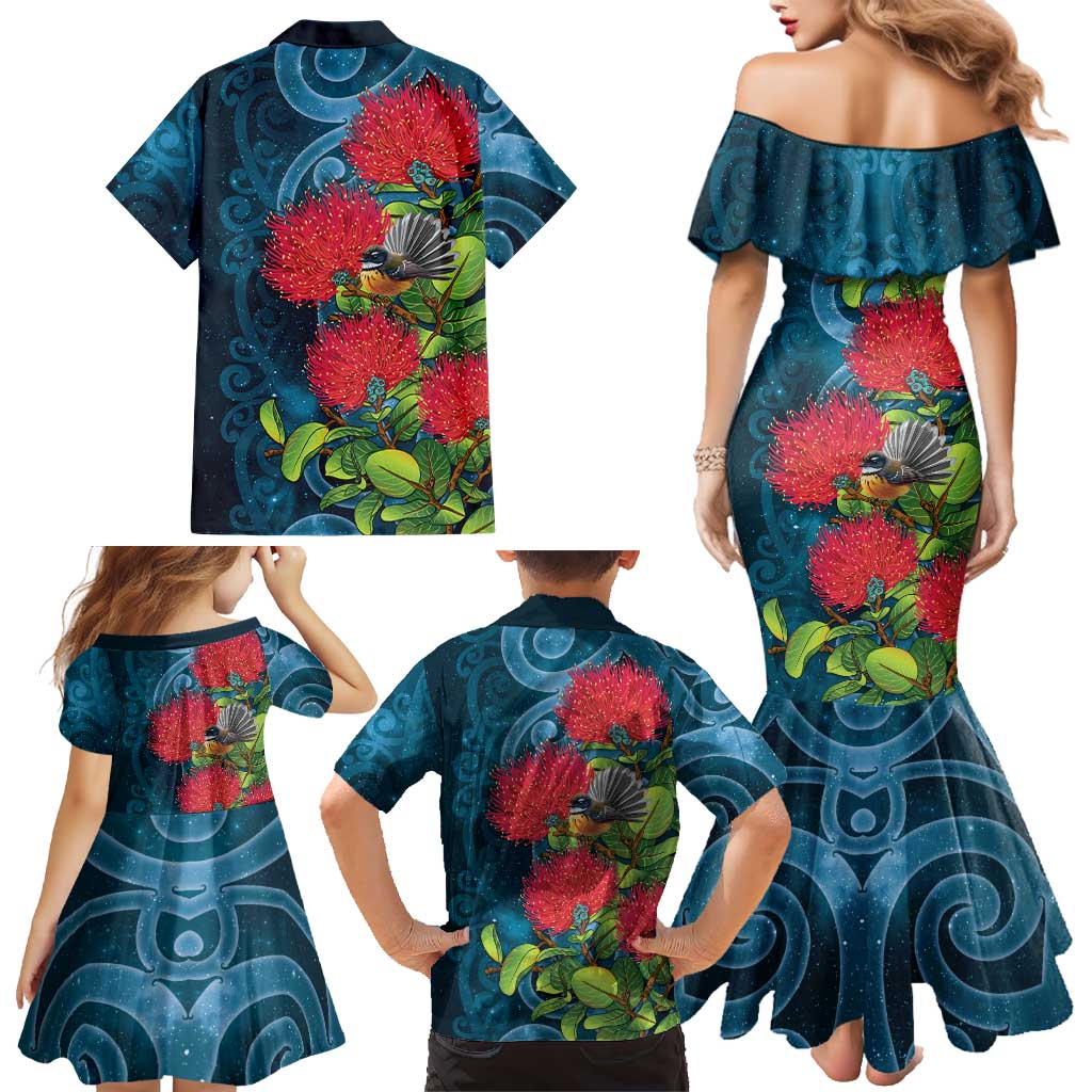 New Zealand Matariki Piwakawaka Family Matching Mermaid Dress and Hawaiian Shirt Maori Koru With Pohutukawa Flowers LT05 - Polynesian Pride