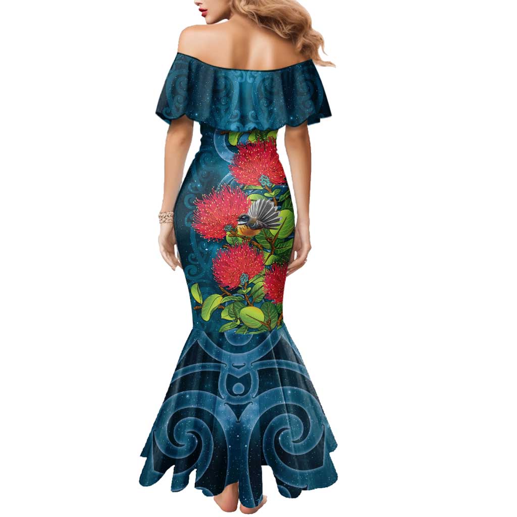 New Zealand Matariki Piwakawaka Family Matching Mermaid Dress and Hawaiian Shirt Maori Koru With Pohutukawa Flowers LT05 - Polynesian Pride
