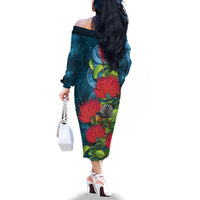 New Zealand Matariki Piwakawaka Family Matching Off The Shoulder Long Sleeve Dress and Hawaiian Shirt Maori Koru With Pohutukawa Flowers LT05 - Polynesian Pride