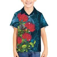 New Zealand Matariki Piwakawaka Family Matching Off The Shoulder Long Sleeve Dress and Hawaiian Shirt Maori Koru With Pohutukawa Flowers LT05 Son's Shirt Dark Teal - Polynesian Pride