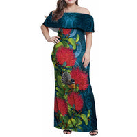 New Zealand Matariki Piwakawaka Family Matching Off Shoulder Maxi Dress and Hawaiian Shirt Maori Koru With Pohutukawa Flowers LT05 Mom's Dress Dark Teal - Polynesian Pride