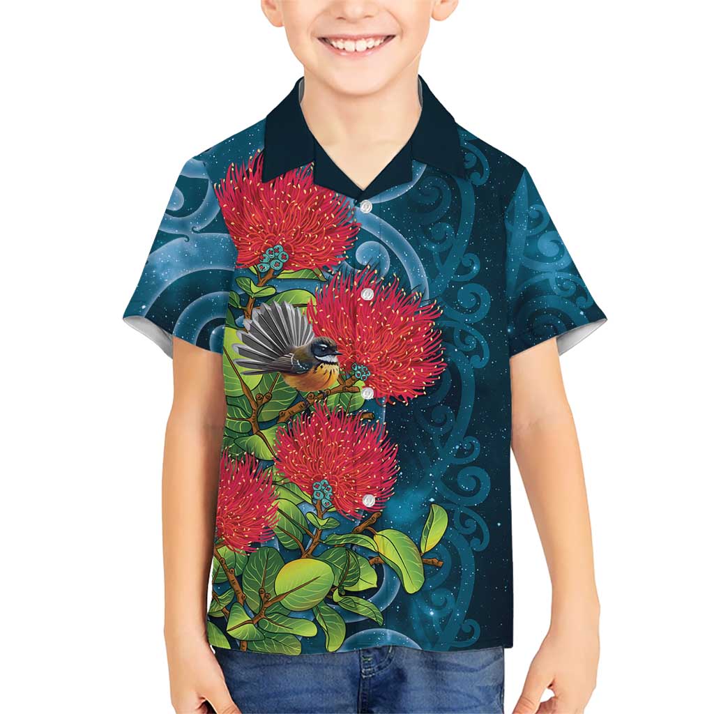 New Zealand Matariki Piwakawaka Family Matching Off Shoulder Maxi Dress and Hawaiian Shirt Maori Koru With Pohutukawa Flowers LT05 Son's Shirt Dark Teal - Polynesian Pride