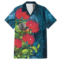 New Zealand Matariki Piwakawaka Family Matching Off Shoulder Short Dress and Hawaiian Shirt Maori Koru With Pohutukawa Flowers LT05 Dad's Shirt - Short Sleeve Dark Teal - Polynesian Pride