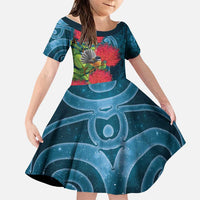 New Zealand Matariki Piwakawaka Family Matching Puletasi and Hawaiian Shirt Maori Koru With Pohutukawa Flowers LT05 Daughter's Dress Dark Teal - Polynesian Pride