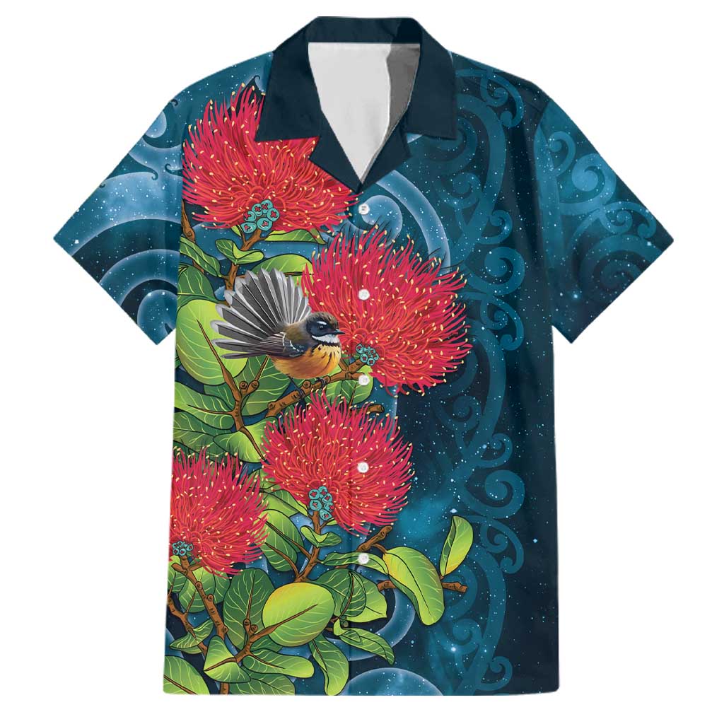 New Zealand Matariki Piwakawaka Family Matching Puletasi and Hawaiian Shirt Maori Koru With Pohutukawa Flowers LT05 Dad's Shirt - Short Sleeve Dark Teal - Polynesian Pride