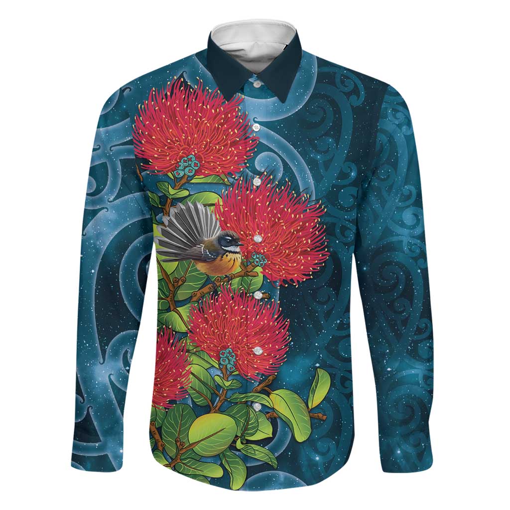 New Zealand Matariki Piwakawaka Family Matching Puletasi and Hawaiian Shirt Maori Koru With Pohutukawa Flowers LT05 Dad's Shirt - Long Sleeve Dark Teal - Polynesian Pride