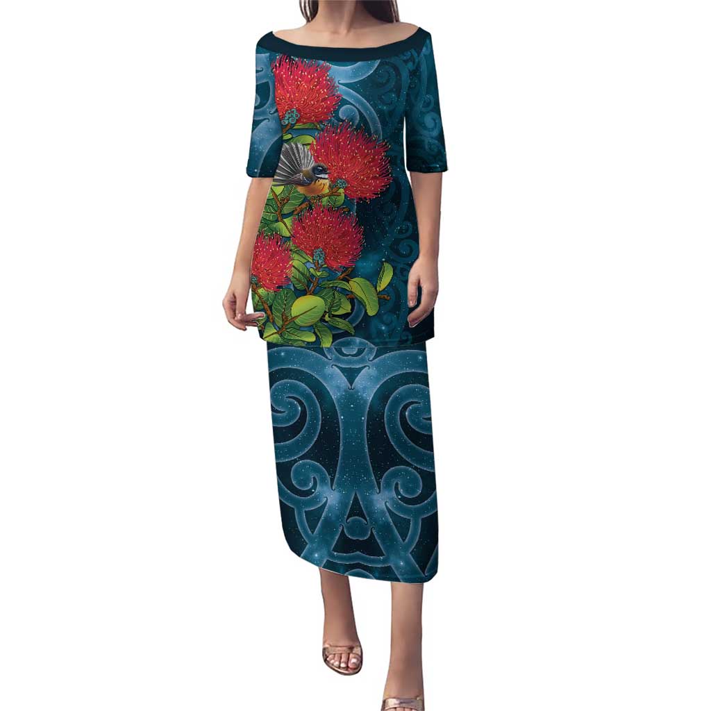 New Zealand Matariki Piwakawaka Family Matching Puletasi and Hawaiian Shirt Maori Koru With Pohutukawa Flowers LT05 Mom's Dress Dark Teal - Polynesian Pride