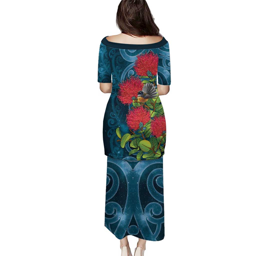 New Zealand Matariki Piwakawaka Family Matching Puletasi and Hawaiian Shirt Maori Koru With Pohutukawa Flowers LT05 - Polynesian Pride