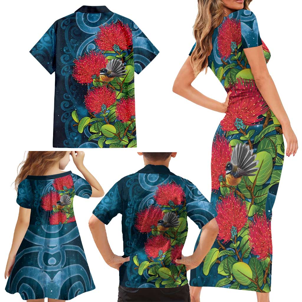 New Zealand Matariki Piwakawaka Family Matching Short Sleeve Bodycon Dress and Hawaiian Shirt Maori Koru With Pohutukawa Flowers LT05 - Polynesian Pride