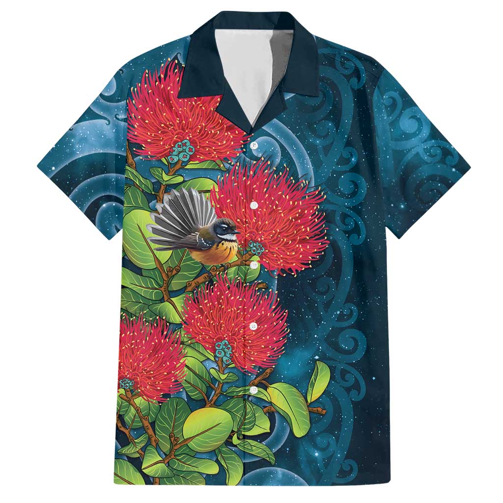 New Zealand Matariki Piwakawaka Hawaiian Shirt Maori Koru With Pohutukawa Flowers LT05 Dark Teal - Polynesian Pride