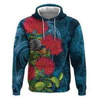 New Zealand Matariki Piwakawaka Hoodie Maori Koru With Pohutukawa Flowers LT05 Pullover Hoodie Dark Teal - Polynesian Pride