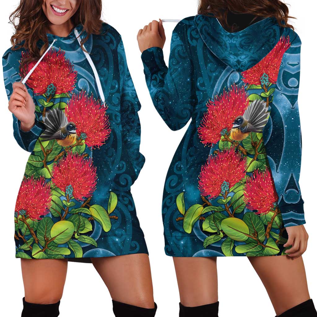 New Zealand Matariki Piwakawaka Hoodie Dress Maori Koru With Pohutukawa Flowers LT05 - Polynesian Pride