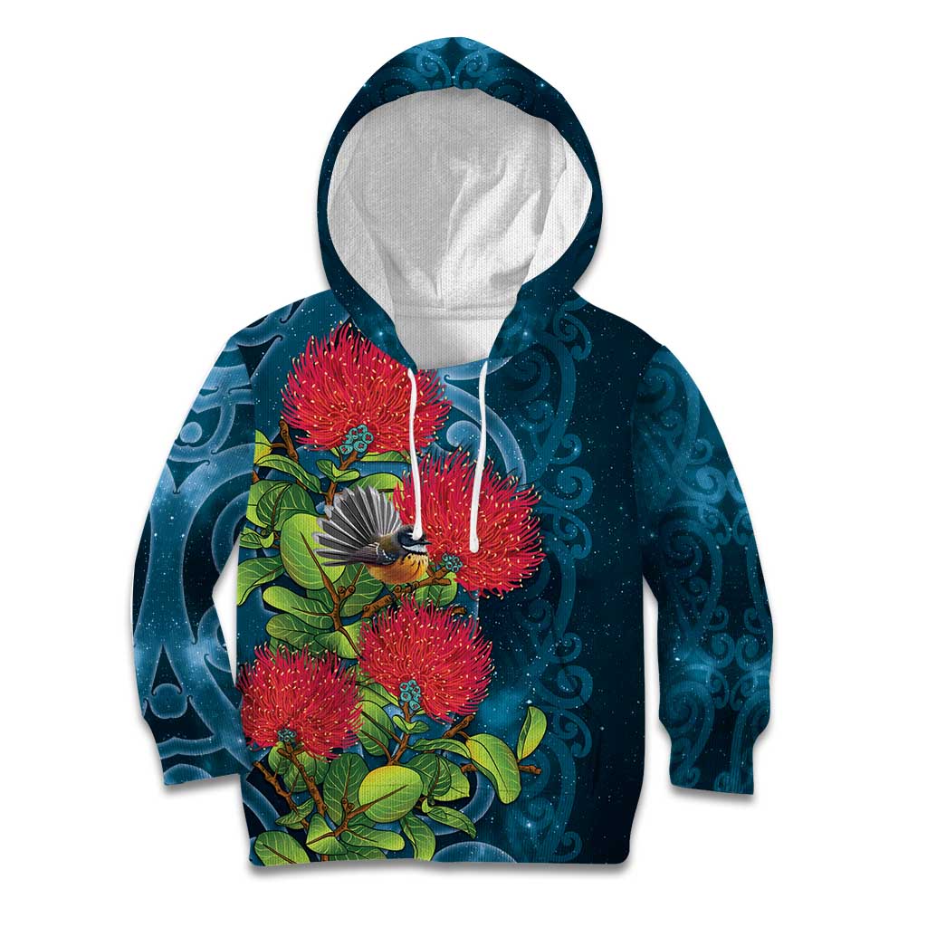New Zealand Matariki Piwakawaka Kid Hoodie Maori Koru With Pohutukawa Flowers LT05 Hoodie Dark Teal - Polynesian Pride