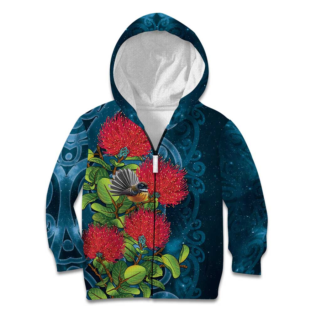 New Zealand Matariki Piwakawaka Kid Hoodie Maori Koru With Pohutukawa Flowers LT05 Zip Hoodie Dark Teal - Polynesian Pride