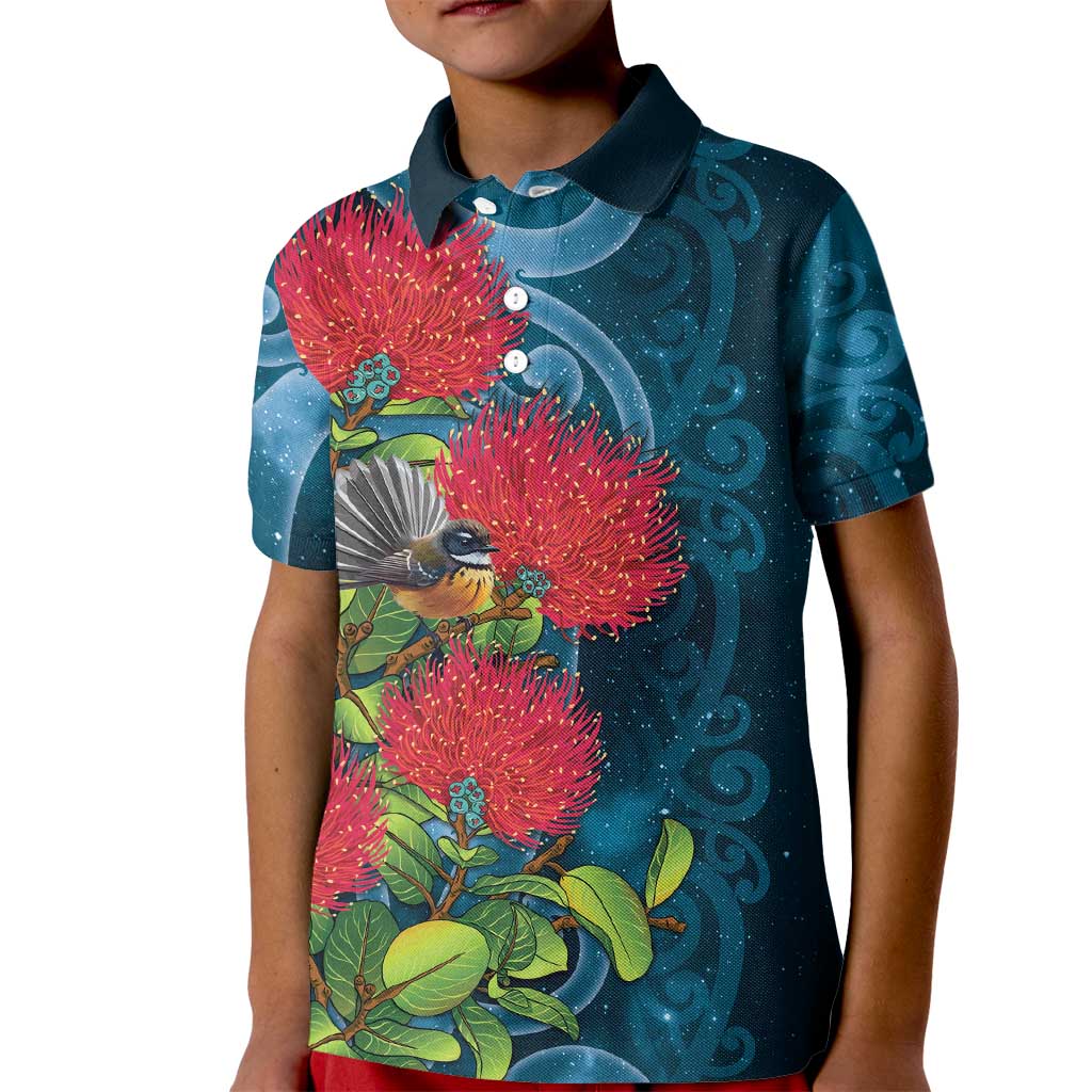 New Zealand Matariki Piwakawaka Kid Polo Shirt Maori Koru With Pohutukawa Flowers LT05 Kid Dark Teal - Polynesian Pride