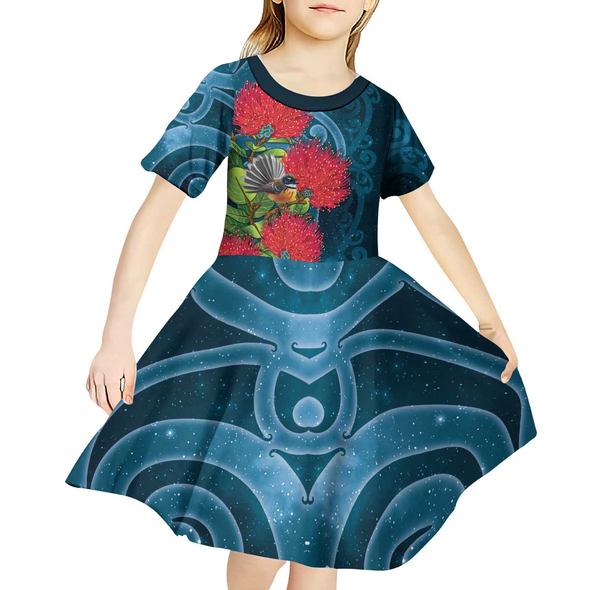 New Zealand Matariki Piwakawaka Kid Short Sleeve Dress Maori Koru With Pohutukawa Flowers LT05 - Polynesian Pride