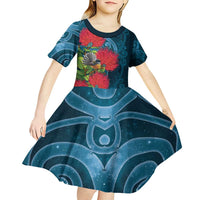 New Zealand Matariki Piwakawaka Kid Short Sleeve Dress Maori Koru With Pohutukawa Flowers LT05 - Polynesian Pride