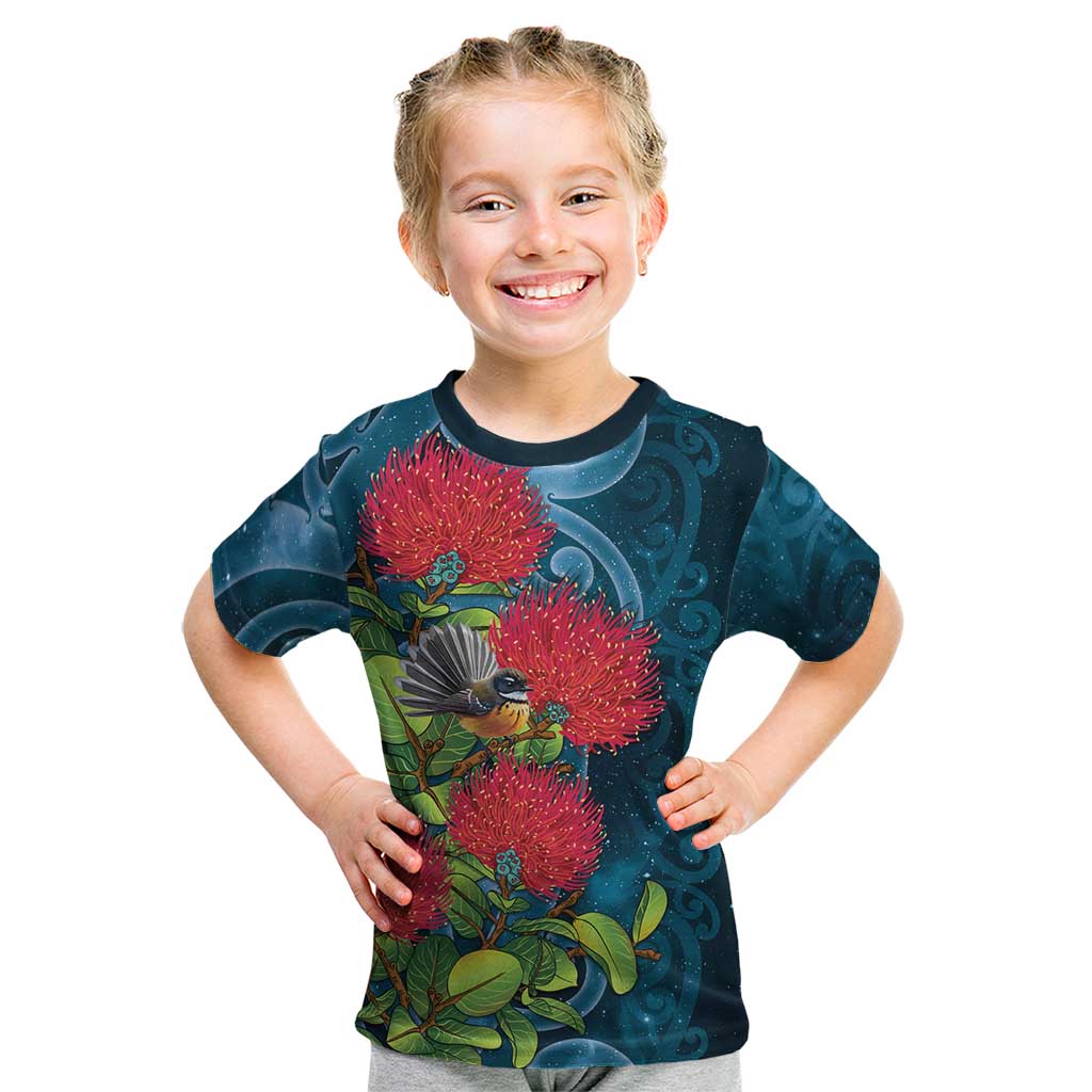 New Zealand Matariki Piwakawaka Kid T Shirt Maori Koru With Pohutukawa Flowers LT05 Dark Teal - Polynesian Pride