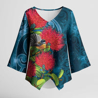New Zealand Matariki Piwakawaka Kimono Sleeve Blouse Maori Koru With Pohutukawa Flowers LT05 Female Dark Teal - Polynesian Pride
