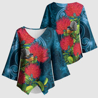 New Zealand Matariki Piwakawaka Kimono Sleeve Blouse Maori Koru With Pohutukawa Flowers LT05 - Polynesian Pride