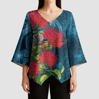New Zealand Matariki Piwakawaka Kimono Sleeve Blouse Maori Koru With Pohutukawa Flowers LT05 - Polynesian Pride