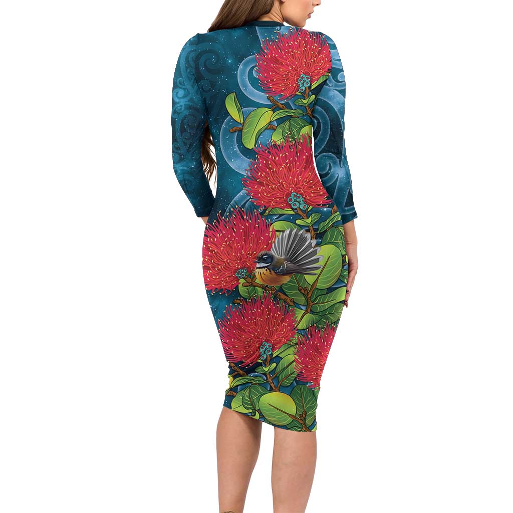 New Zealand Matariki Piwakawaka Long Sleeve Bodycon Dress Maori Koru With Pohutukawa Flowers LT05 - Polynesian Pride