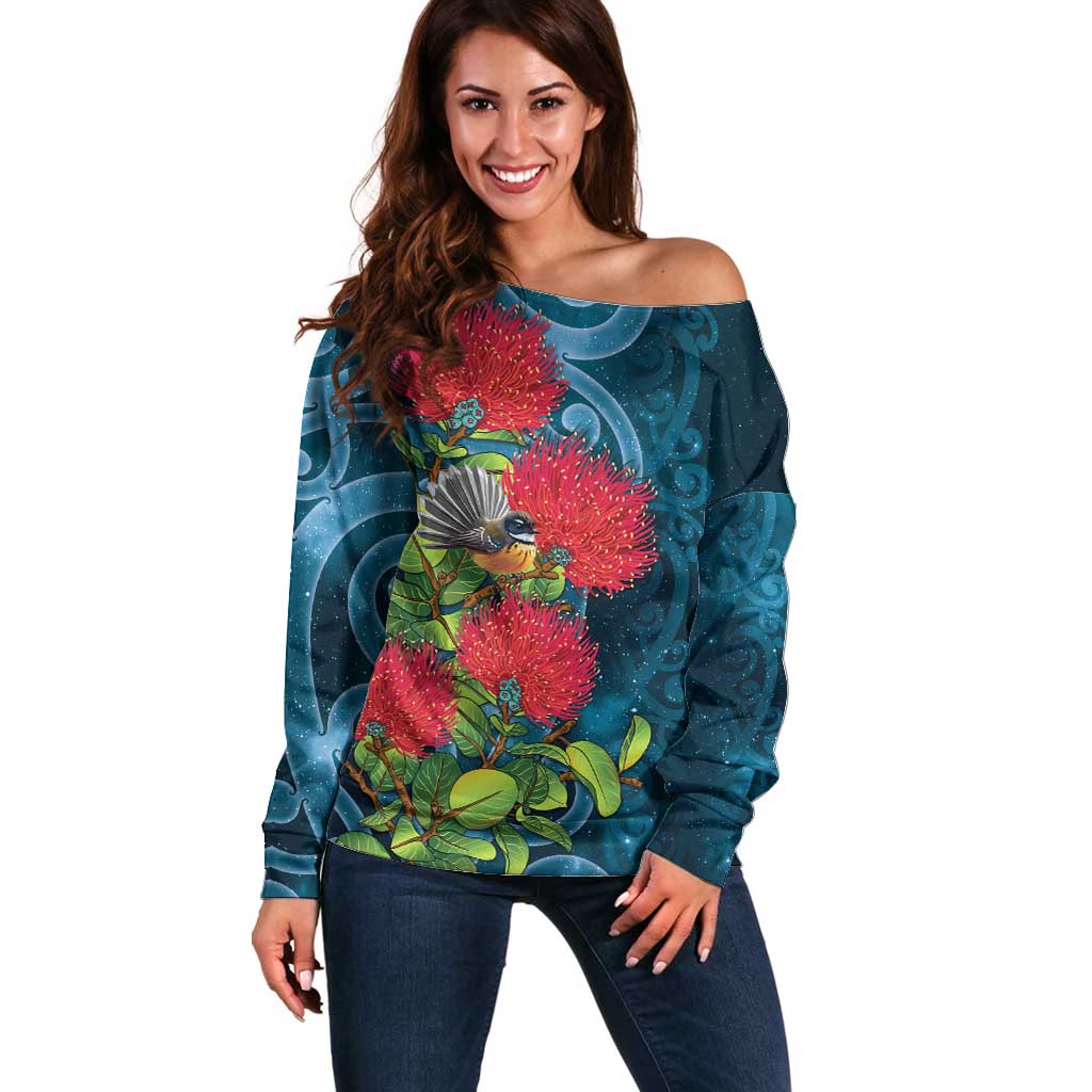 New Zealand Matariki Piwakawaka Off Shoulder Sweater Maori Koru With Pohutukawa Flowers