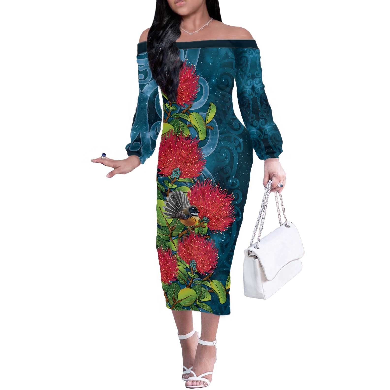 New Zealand Matariki Piwakawaka Off The Shoulder Long Sleeve Dress Maori Koru With Pohutukawa Flowers