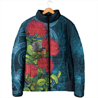 New Zealand Matariki Piwakawaka Padded Jacket Maori Koru With Pohutukawa Flowers