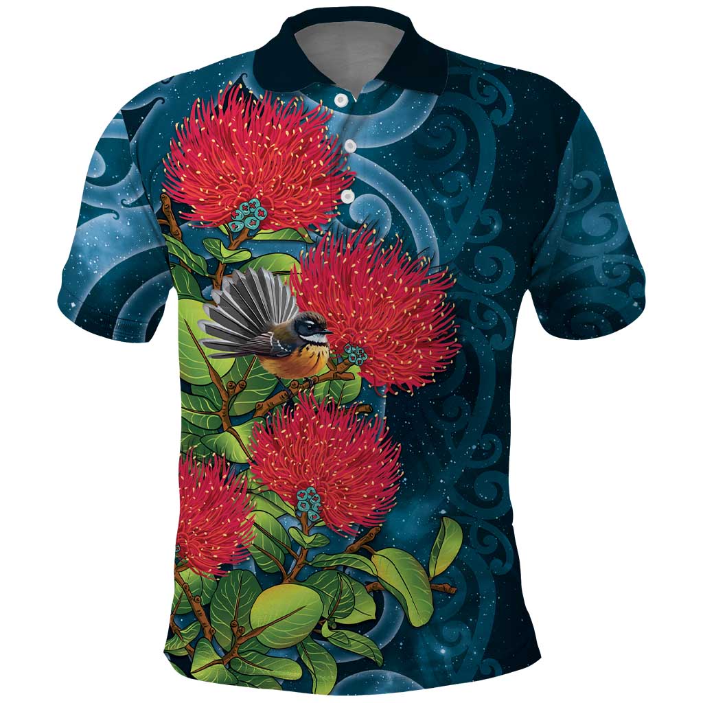 New Zealand Matariki Piwakawaka Polo Shirt Maori Koru With Pohutukawa Flowers LT05 Dark Teal - Polynesian Pride