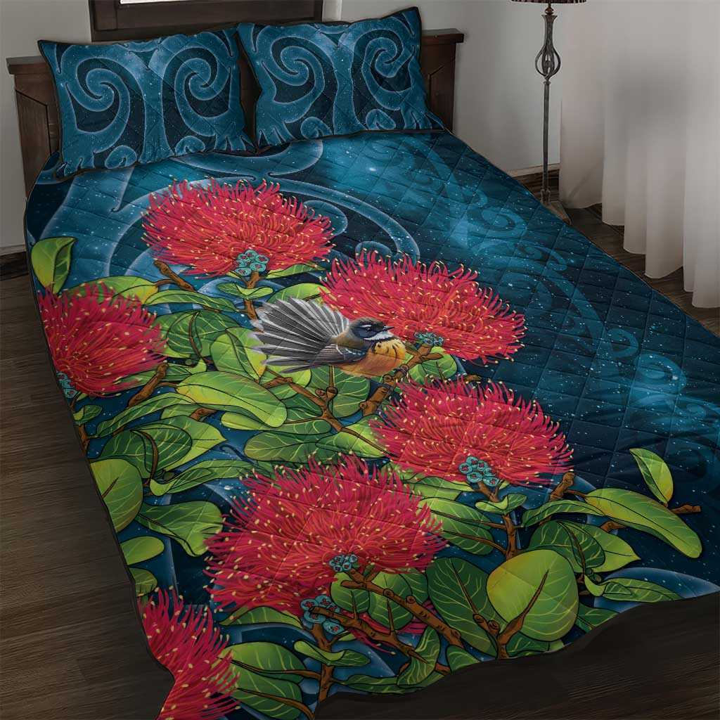 New Zealand Matariki Piwakawaka Quilt Bed Set Maori Koru With Pohutukawa Flowers