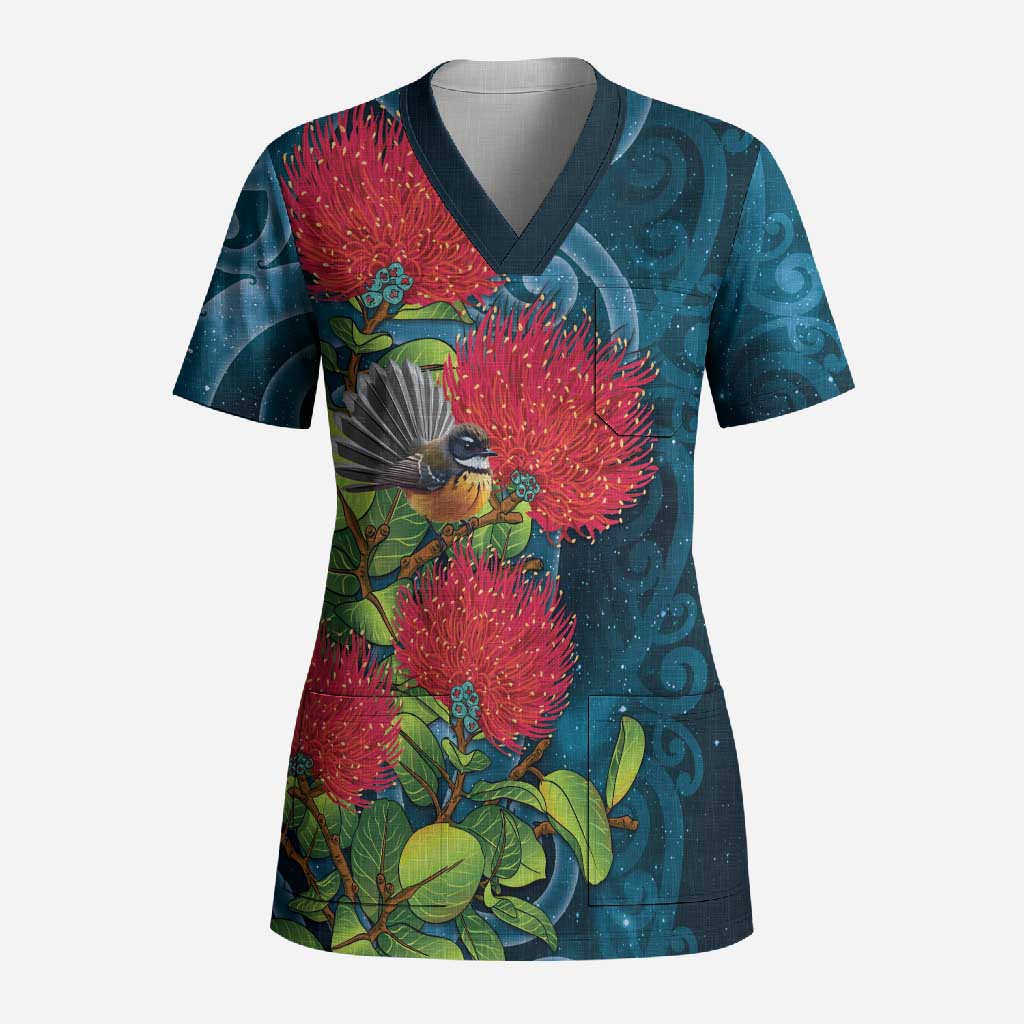 New Zealand Matariki Piwakawaka Scrub Top Maori Koru With Pohutukawa Flowers